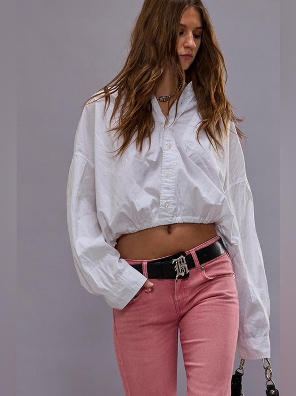 R13 Crossover Bubble Shirt in white, featuring an elasticized bubble hem